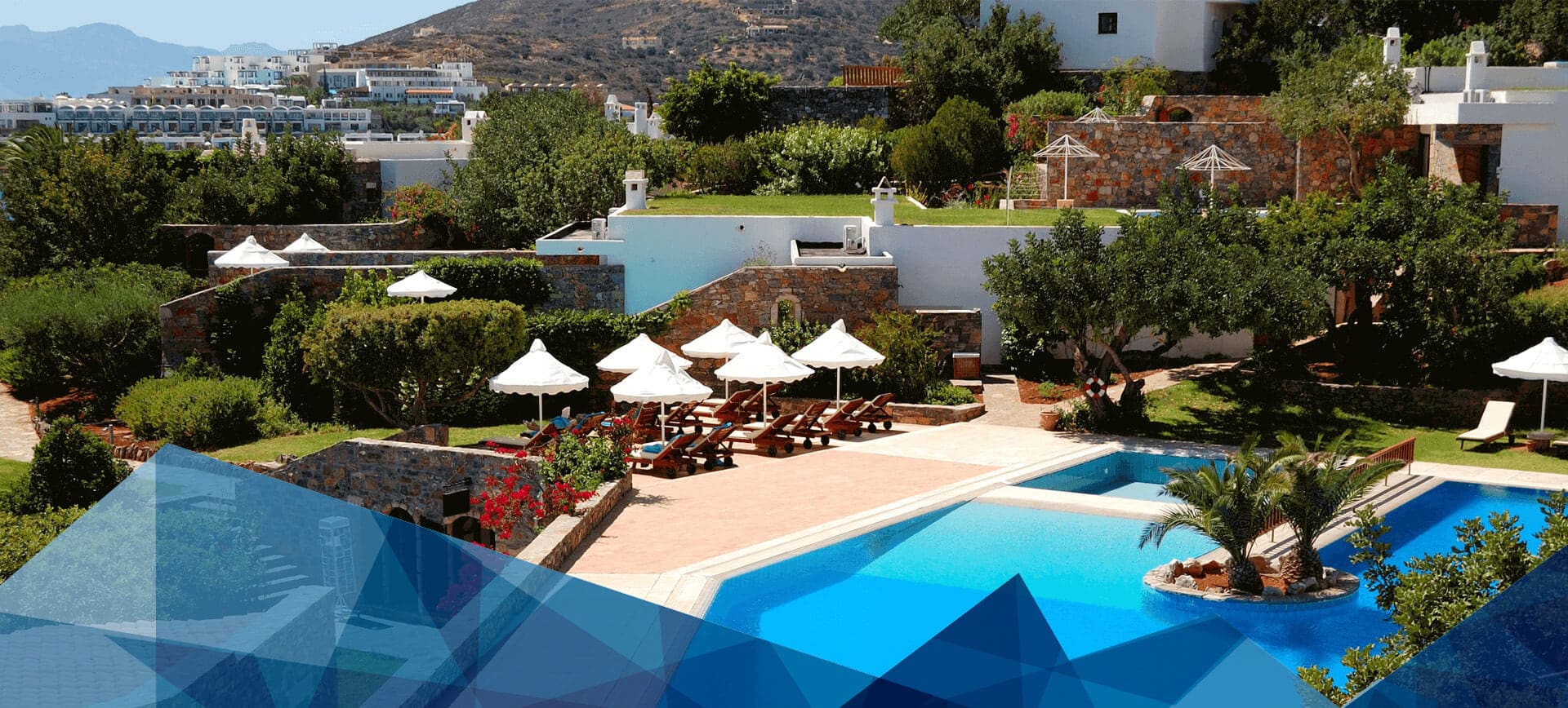A pool with many umbrellas and chairs in the background.