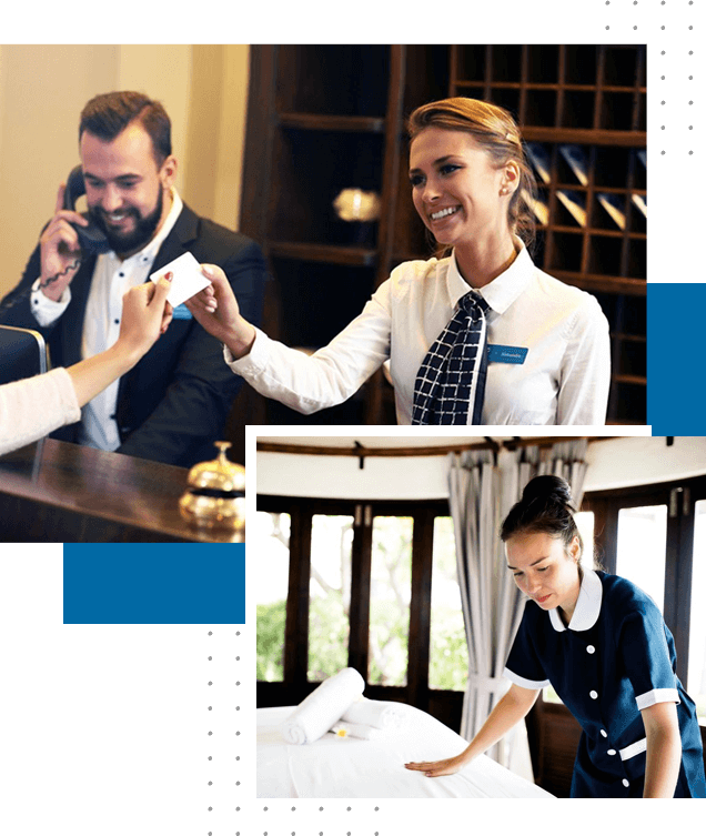 A collage of two pictures with people in the background.